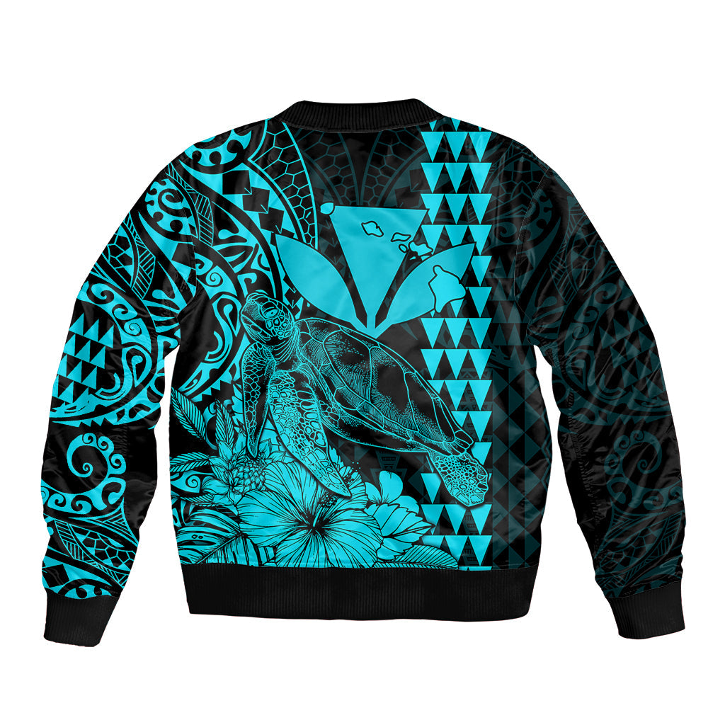 Kakau Polynesian Tribal Hawaiian Turtle with Kanaka Maoli Teal Bomber Jacket LT9