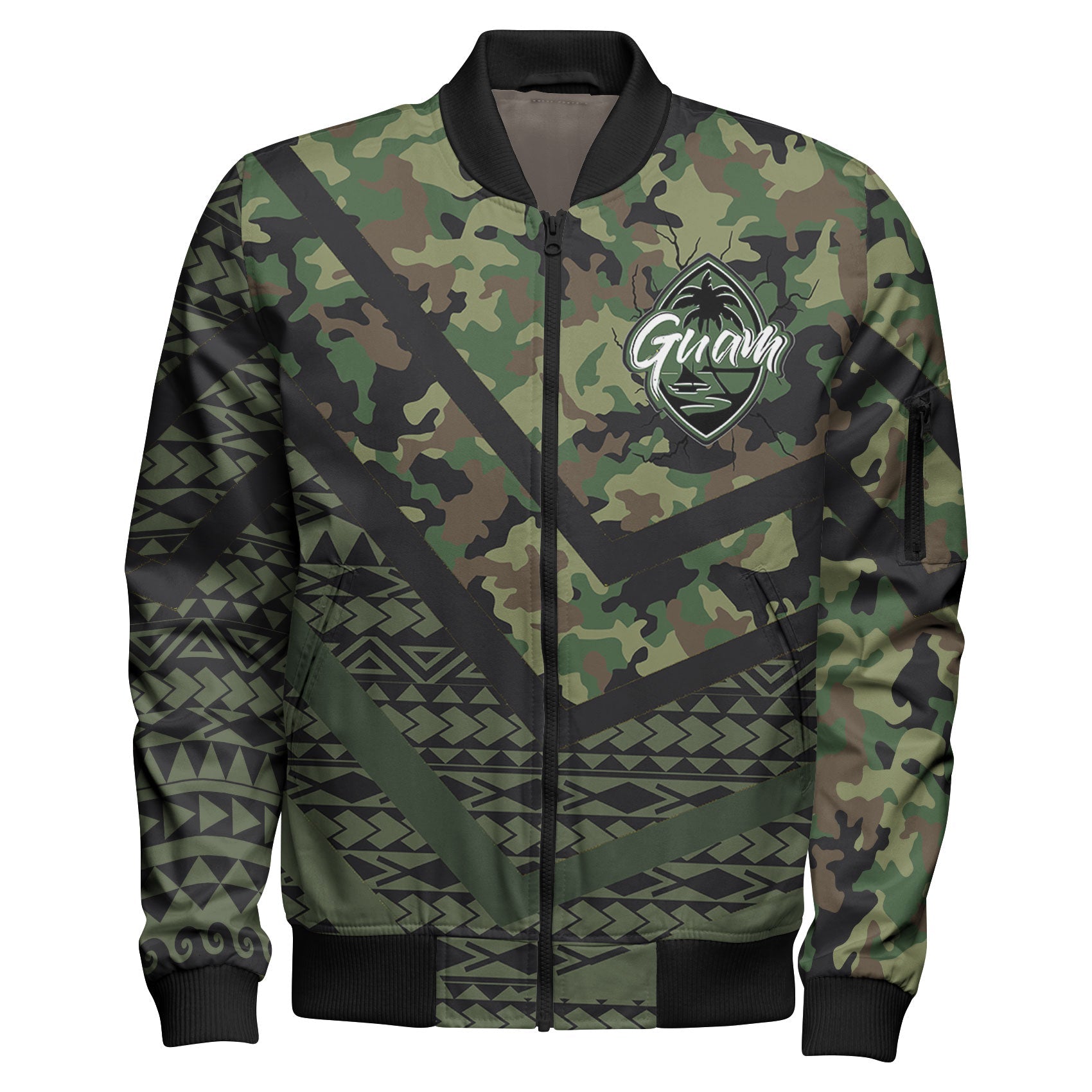 Guam Sleeve Zip Bomber Jacket - Custom Guam Camo Deluxe Polynesian Tattoo Bomber Jacket
