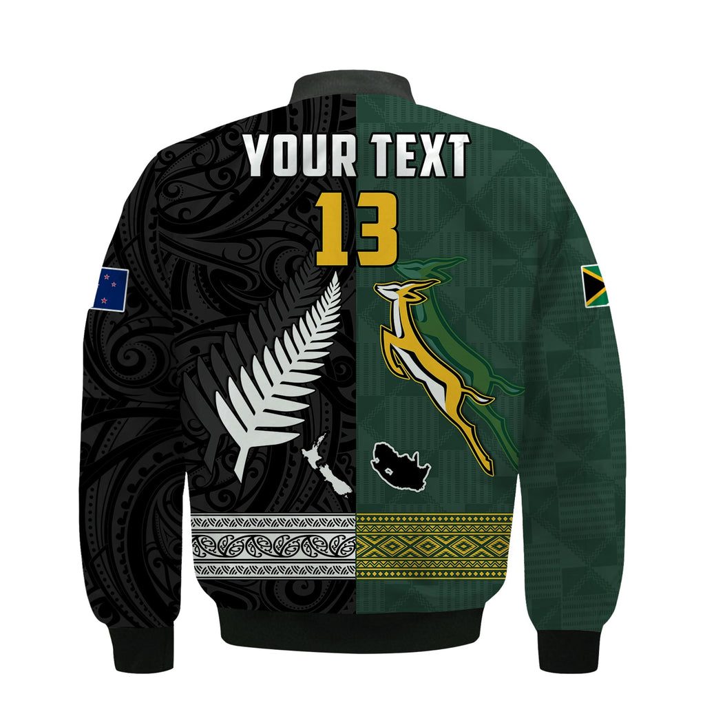 (Custom Text and Number) South Africa Protea and New Zealand Fern Bomber Jacket Rugby Go Springboks vs All Black LT13