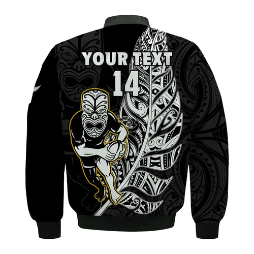 (Custom Text And Number) New Zealand Silver Fern Rugby Bomber Jacket All Black Maori Version Black LT14