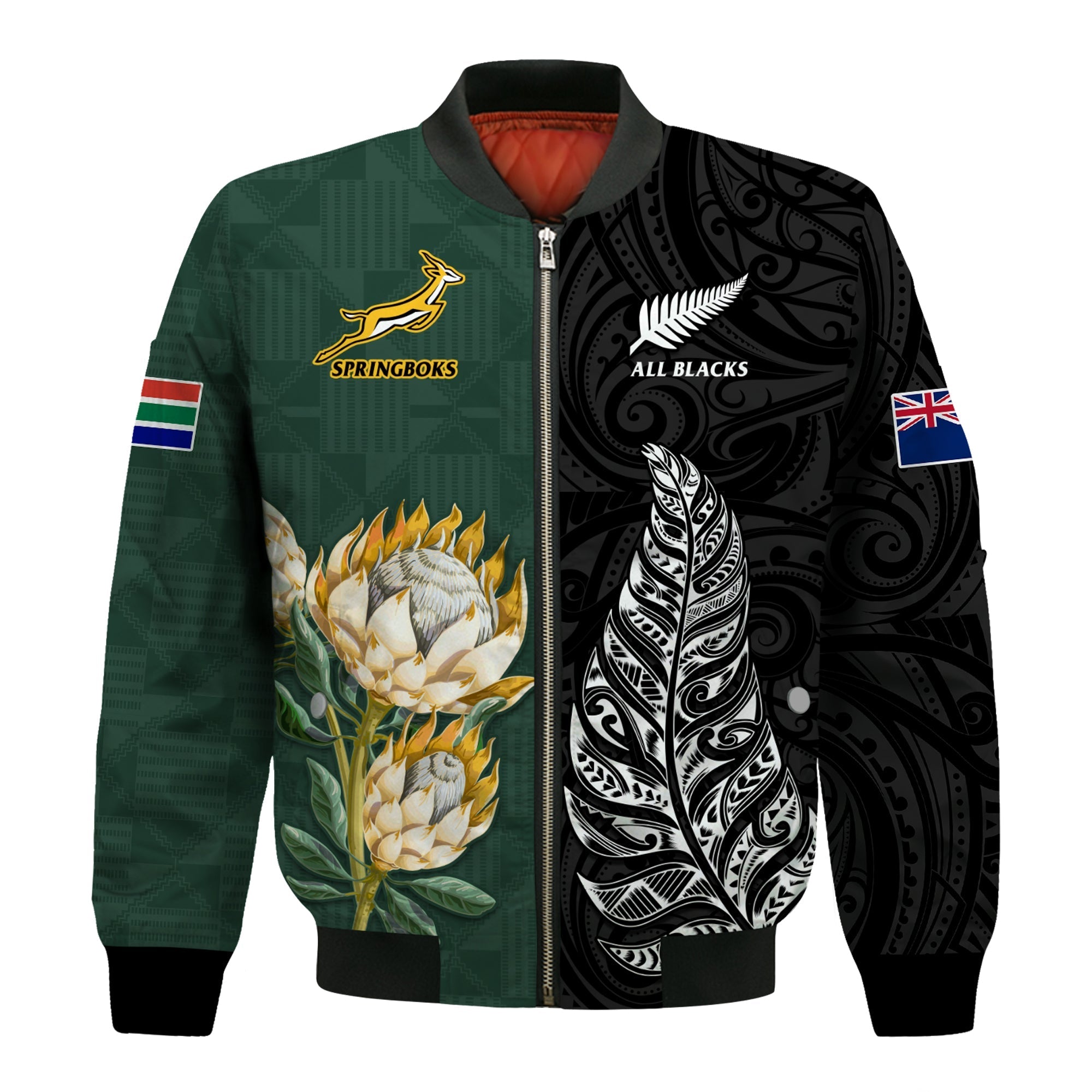 (Custom Text and Number) South Africa Protea and New Zealand Fern Bomber Jacket Rugby Go Springboks vs All Black LT13