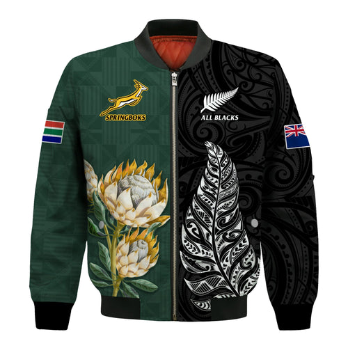 (Custom Text and Number) South Africa Protea and New Zealand Fern Bomber Jacket Rugby Go Springboks vs All Black LT13
