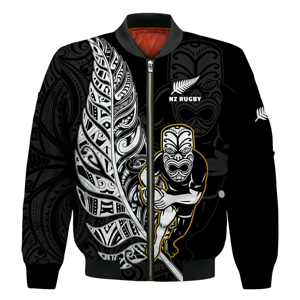 (Custom Text And Number) New Zealand Silver Fern Rugby Bomber Jacket All Black Maori Version Black LT14