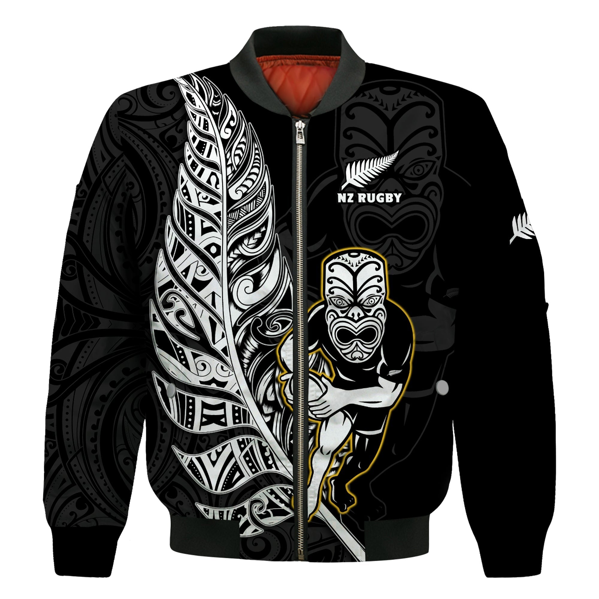 (Custom Text And Number) New Zealand Silver Fern Rugby Bomber Jacket All Black Maori Version Black LT14