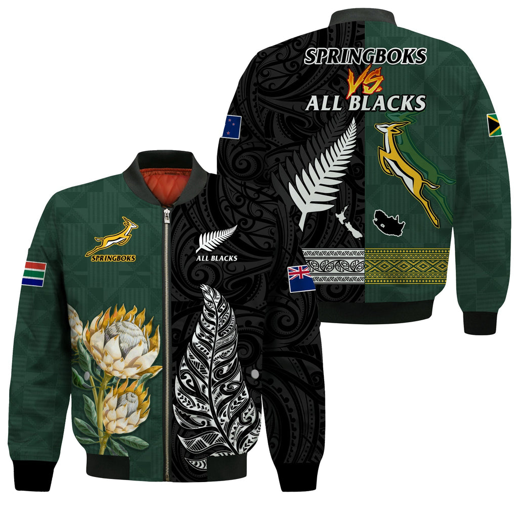 South Africa Protea and New Zealand Fern Bomber Jacket Rugby Go Springboks vs All Black LT13
