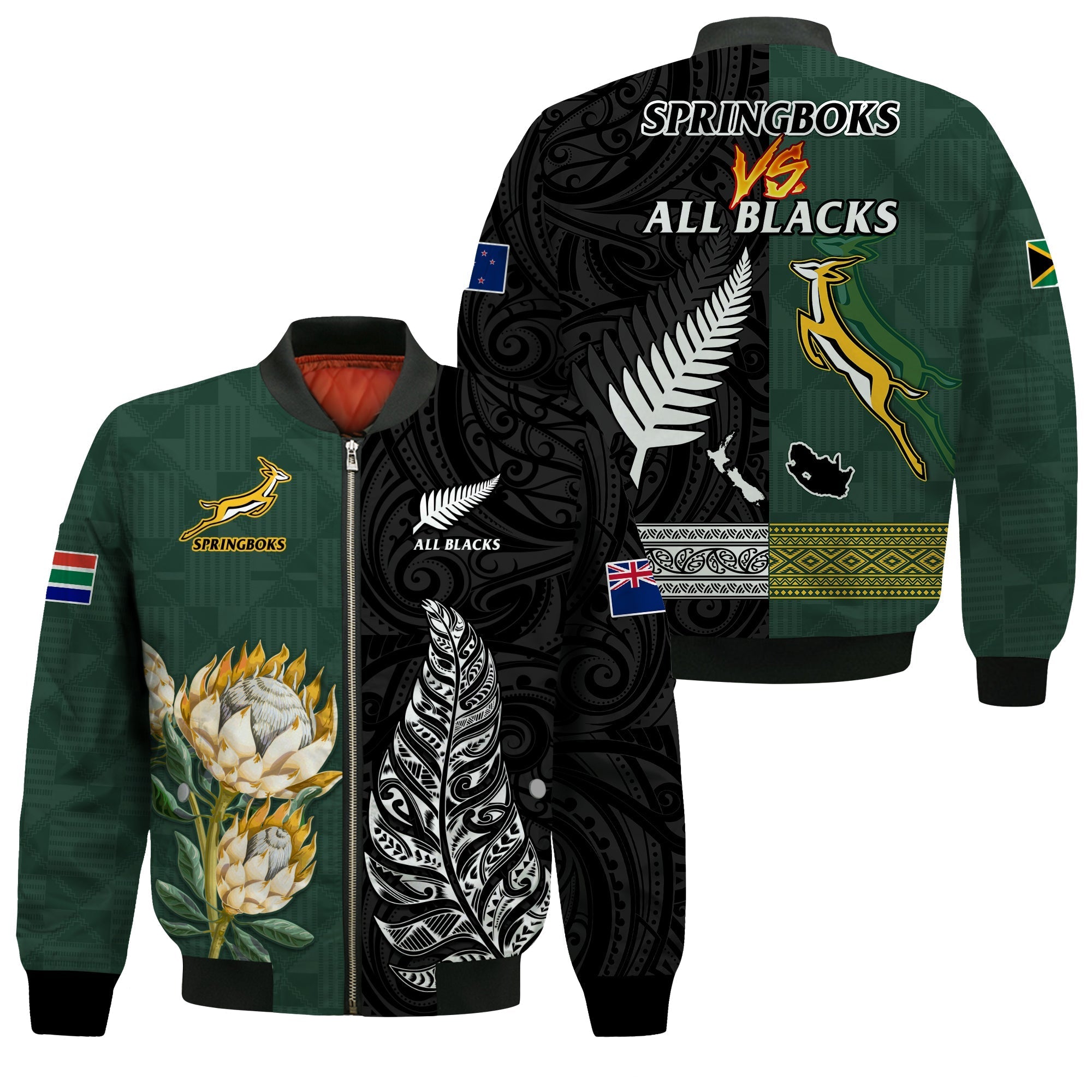 South Africa Protea and New Zealand Fern Bomber Jacket Rugby Go Springboks vs All Black LT13