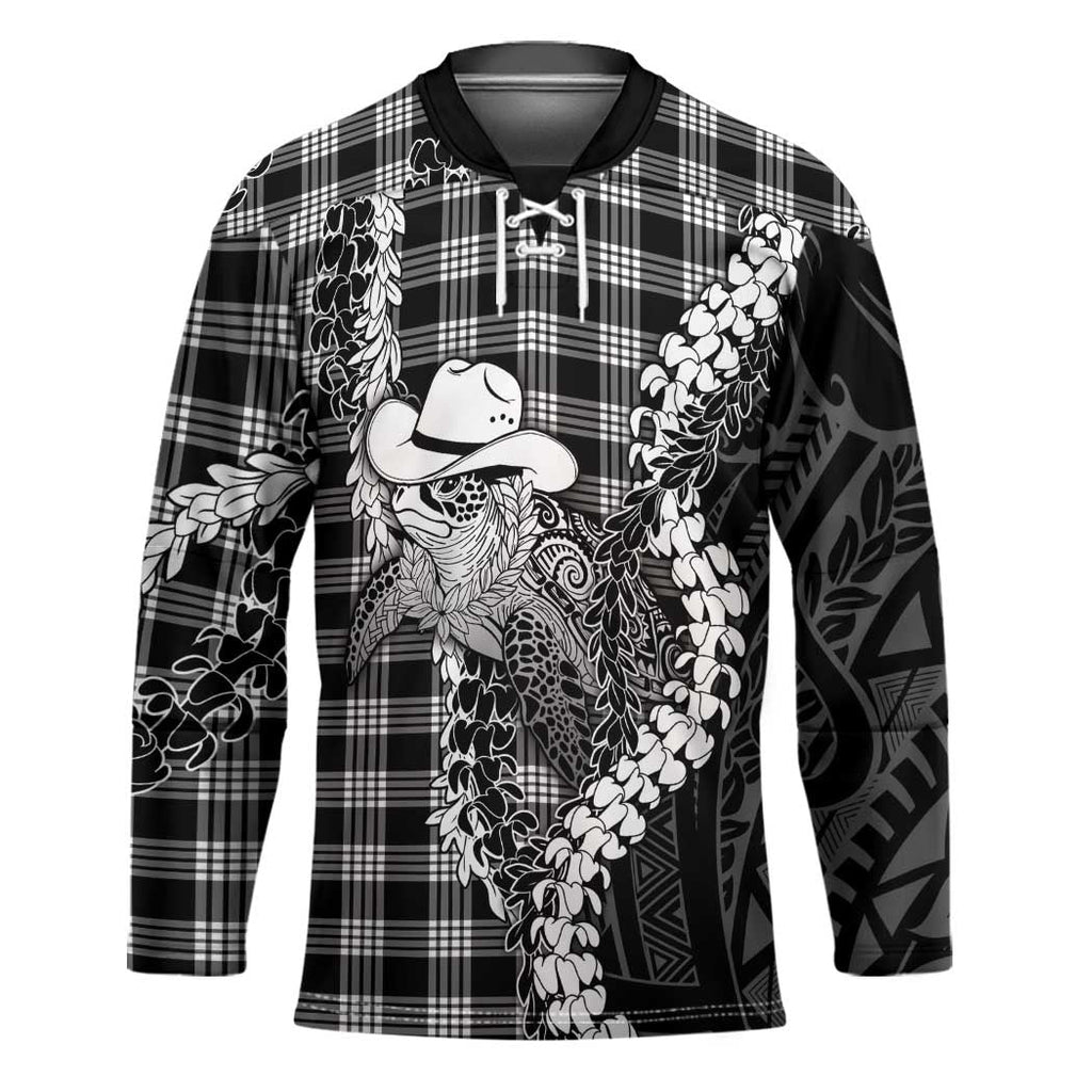 Black Hawaii Palaka Cowboy Turtle Hockey Jersey Hawaiian Paniolo Puakenikeni Maile Lei DT05