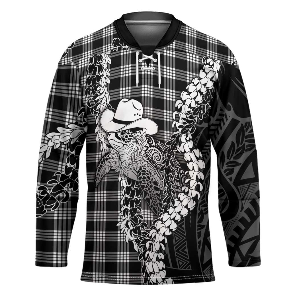 Black Hawaii Palaka Cowboy Turtle Hockey Jersey Hawaiian Paniolo Puakenikeni Maile Lei DT05