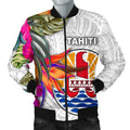 Tahiti Men's Bomber Jacket Polynesian Hibiscus White Pattern