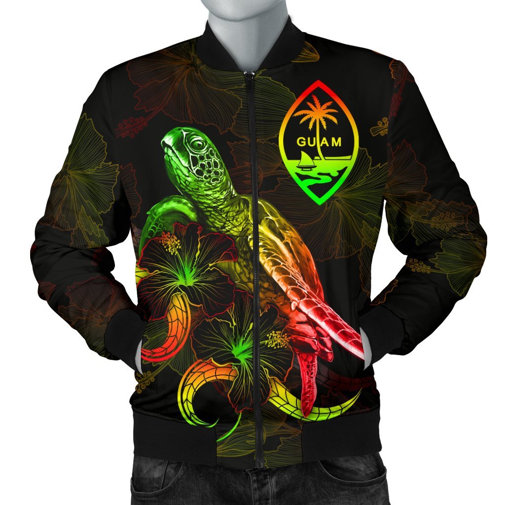 Guam Polynesian Men's Bomber Jacket - Turtle With Blooming Hibiscus Reggae