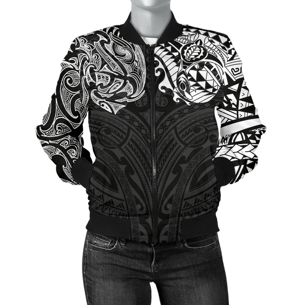 New Zealand Women's Bomber Jacket, Maori Polynesian Tattoo White