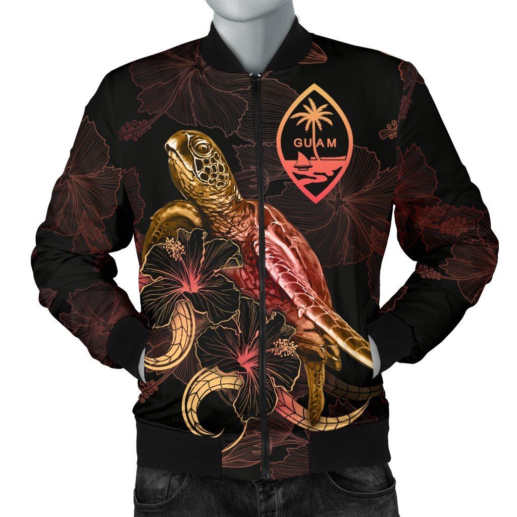 Guam Polynesian Men's Bomber Jacket - Turtle With Blooming Hibiscus Gold