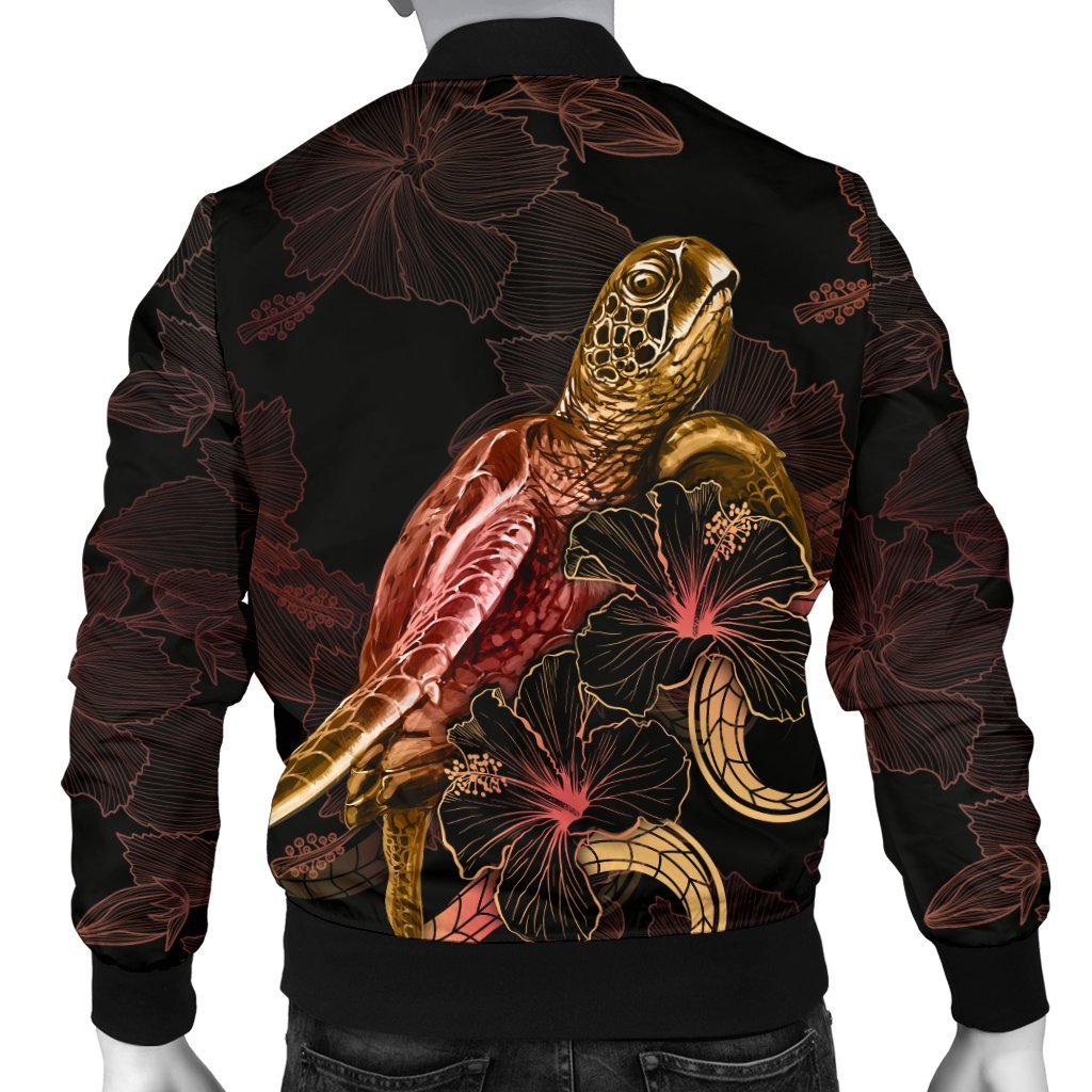 Guam Polynesian Men's Bomber Jacket - Turtle With Blooming Hibiscus Gold