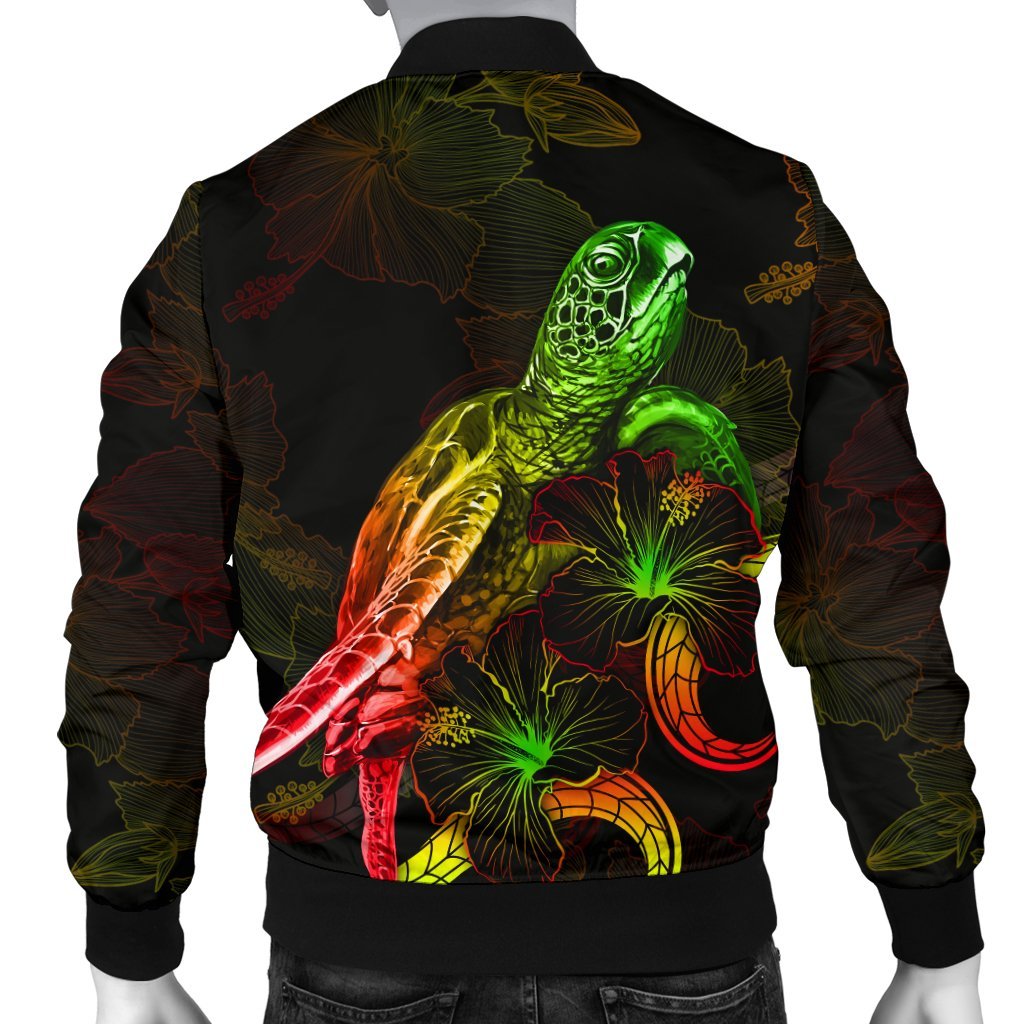 Guam Polynesian Men's Bomber Jacket - Turtle With Blooming Hibiscus Reggae