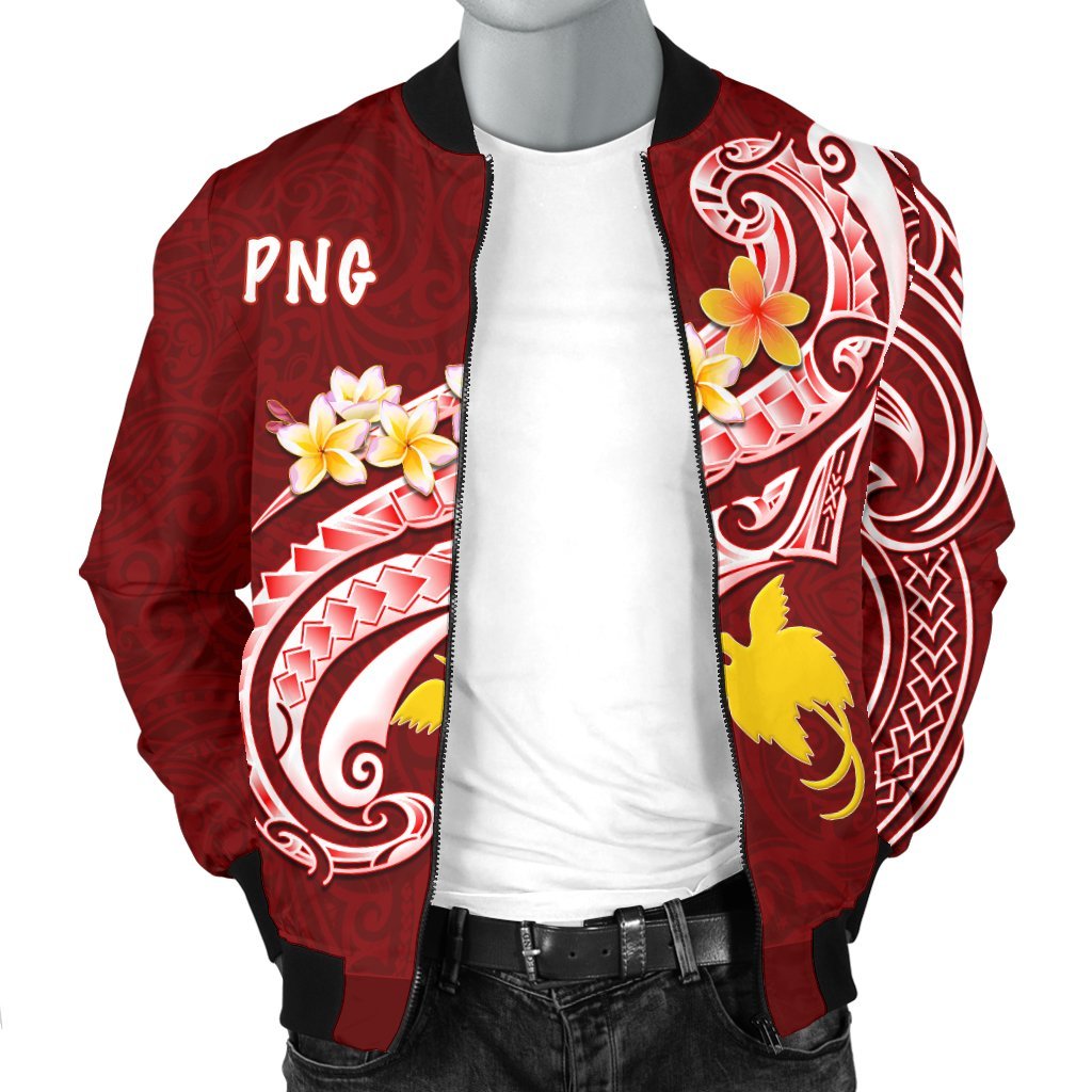 Papua New Guinea Men's Bomber Jacket - PNG Seal Polynesian Patterns Plumeria