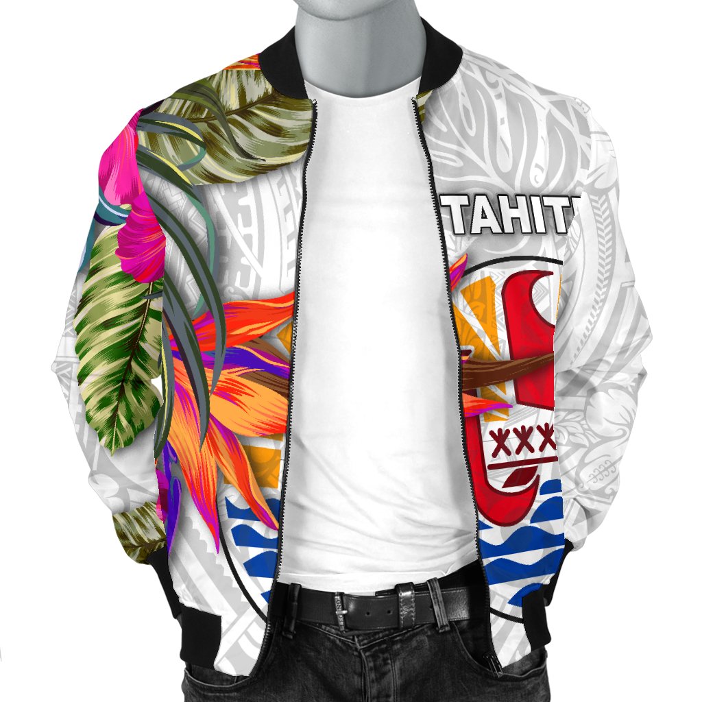 Tahiti Men's Bomber Jacket Polynesian Hibiscus White Pattern