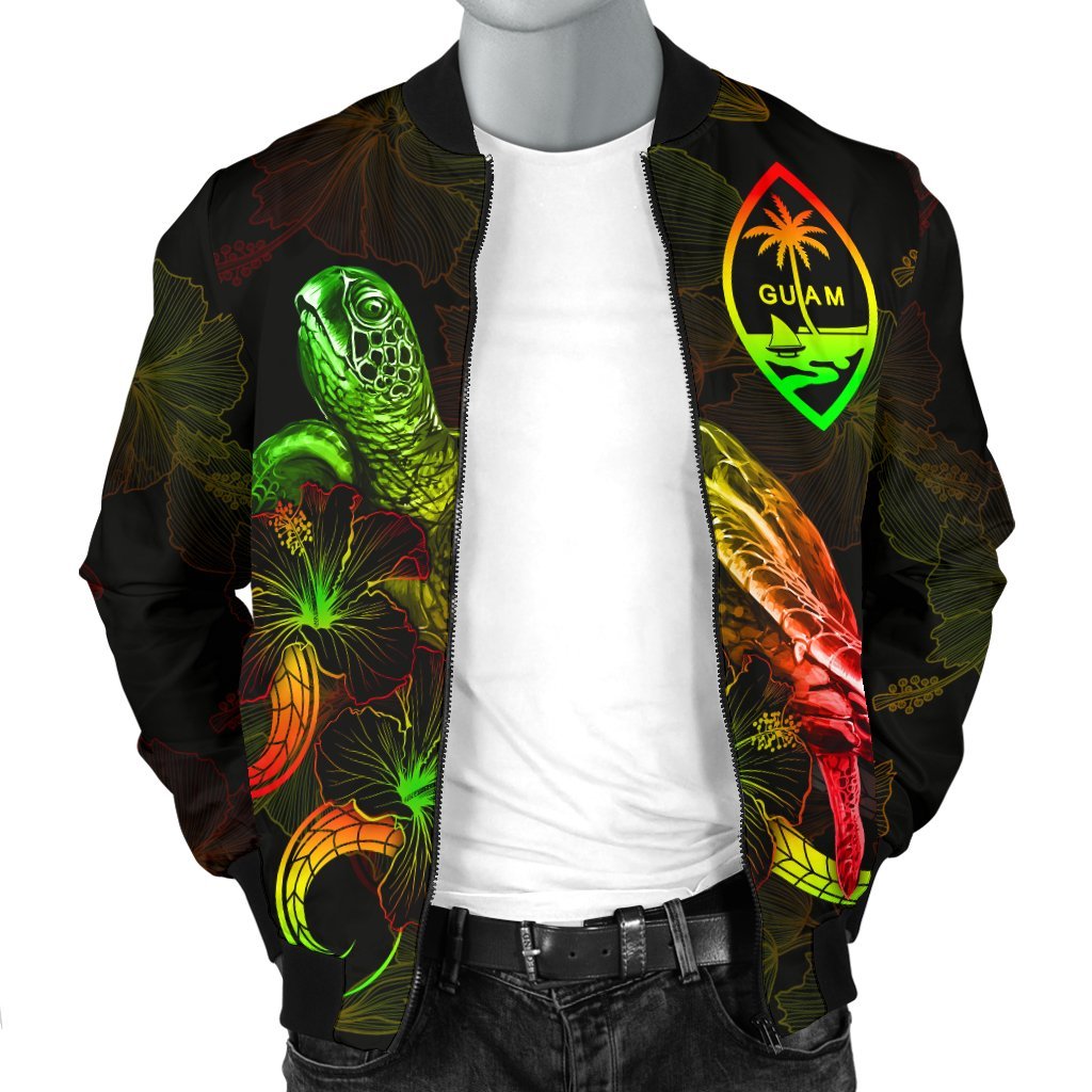 Guam Polynesian Men's Bomber Jacket - Turtle With Blooming Hibiscus Reggae