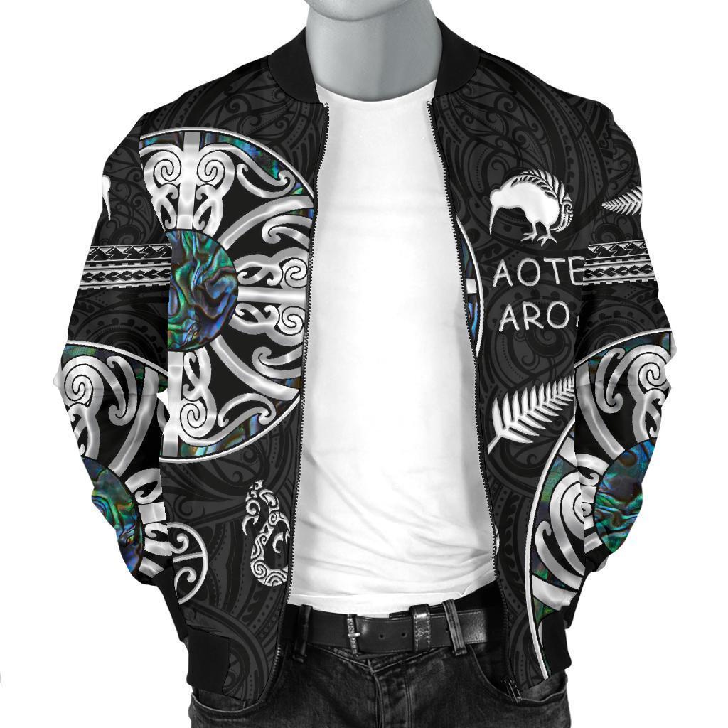 New Zealand Aotearoa Men Bomber Jacket, Maori Mangopare Paua Shell