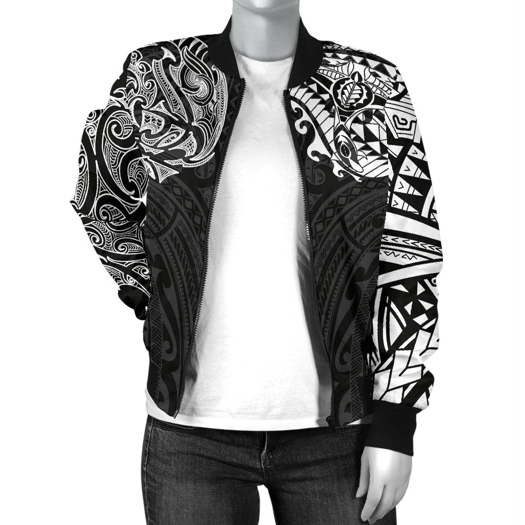 New Zealand Women's Bomber Jacket, Maori Polynesian Tattoo White