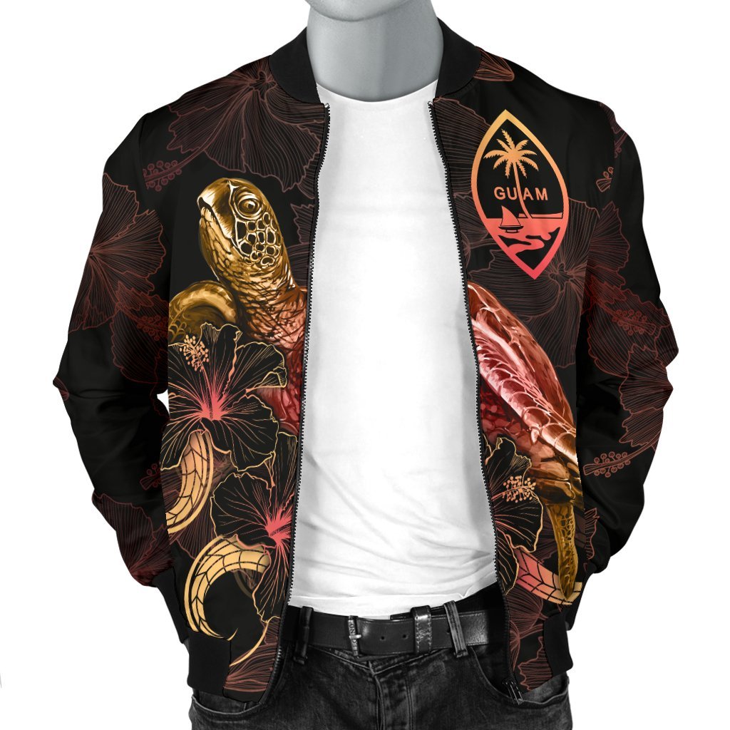 Guam Polynesian Men's Bomber Jacket - Turtle With Blooming Hibiscus Gold