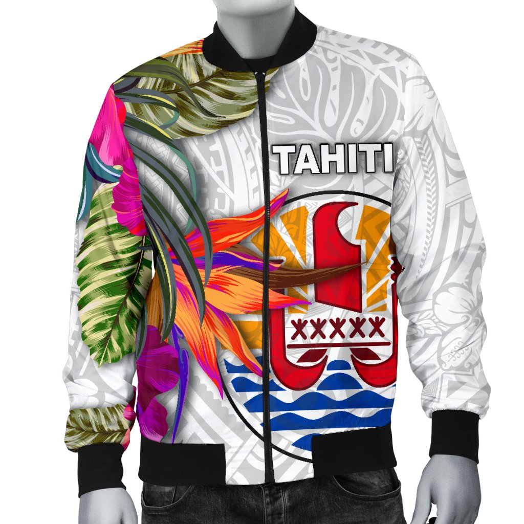 Tahiti Men's Bomber Jacket Polynesian Hibiscus White Pattern