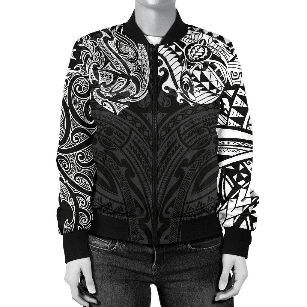 New Zealand Women's Bomber Jacket, Maori Polynesian Tattoo White