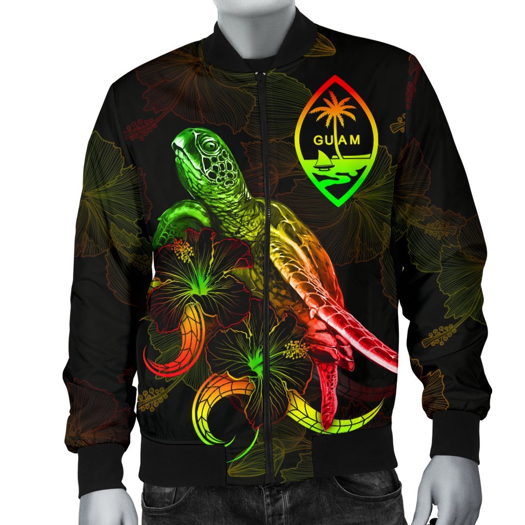 Guam Polynesian Men's Bomber Jacket - Turtle With Blooming Hibiscus Reggae