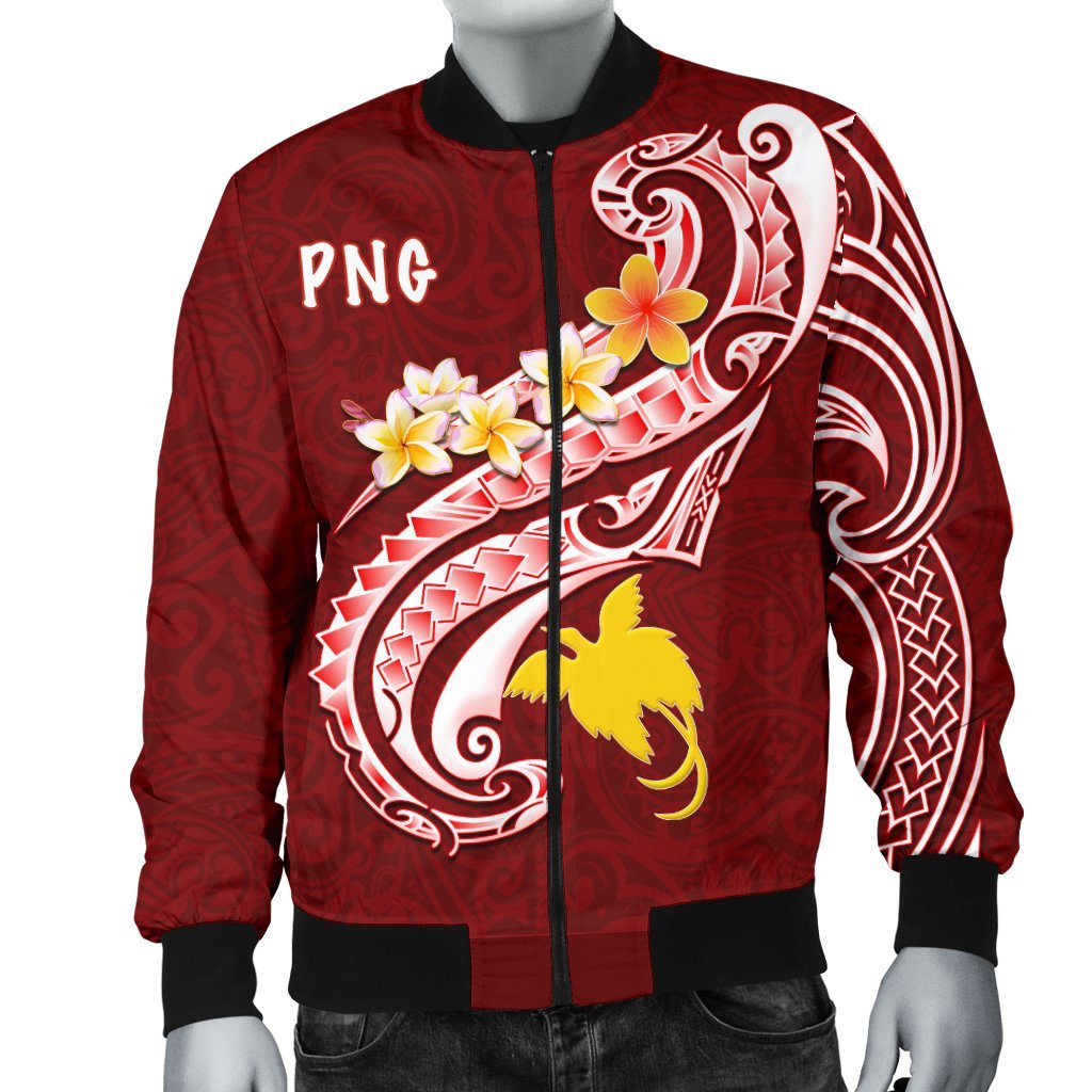 Papua New Guinea Men's Bomber Jacket - PNG Seal Polynesian Patterns Plumeria