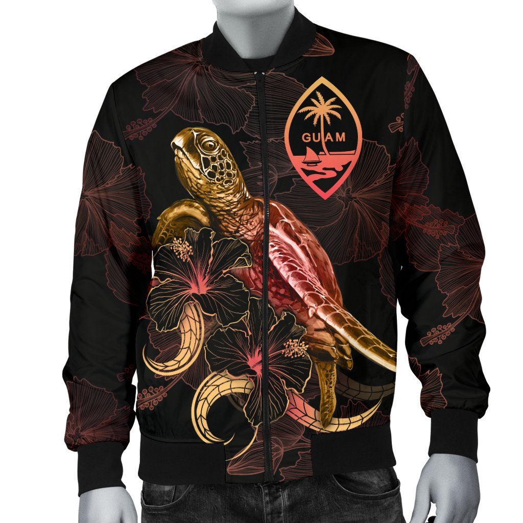 Guam Polynesian Men's Bomber Jacket - Turtle With Blooming Hibiscus Gold