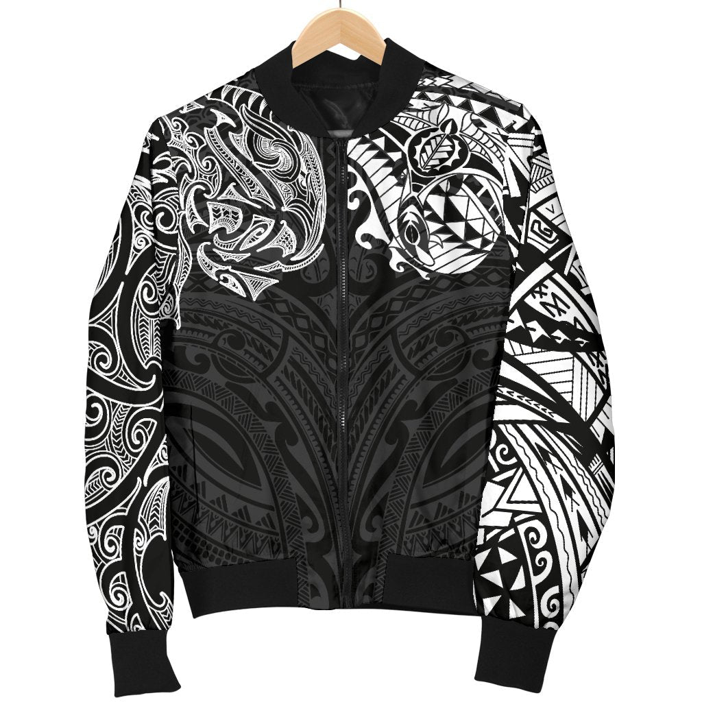 New Zealand Women's Bomber Jacket, Maori Polynesian Tattoo White
