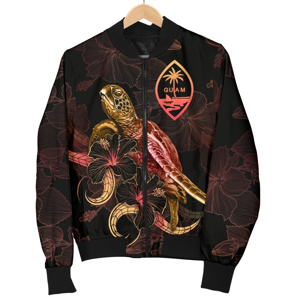 Guam Polynesian Men's Bomber Jacket - Turtle With Blooming Hibiscus Gold