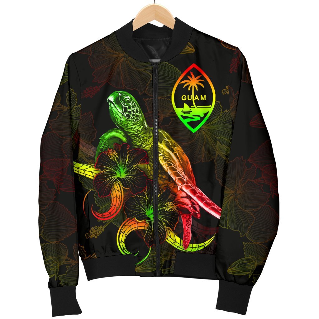 Guam Polynesian Men's Bomber Jacket - Turtle With Blooming Hibiscus Reggae
