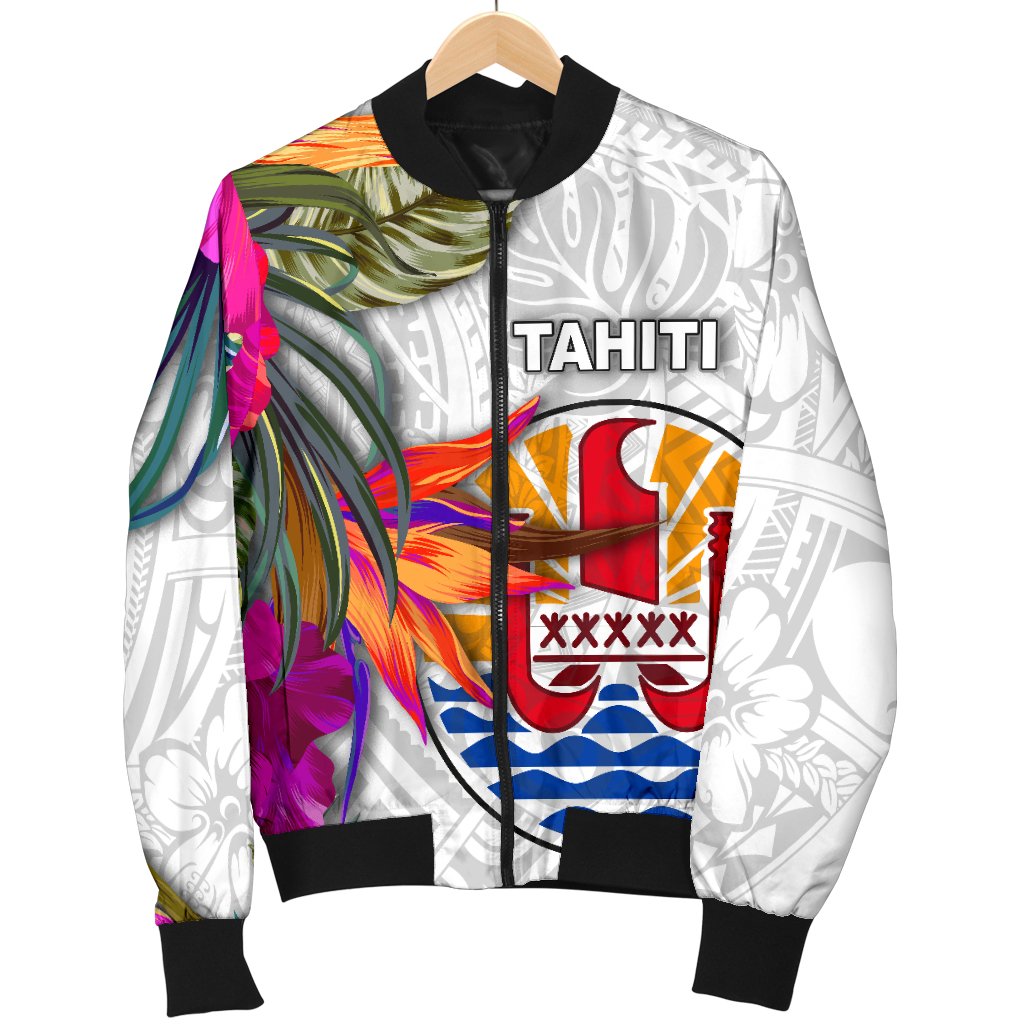 Tahiti Men's Bomber Jacket Polynesian Hibiscus White Pattern