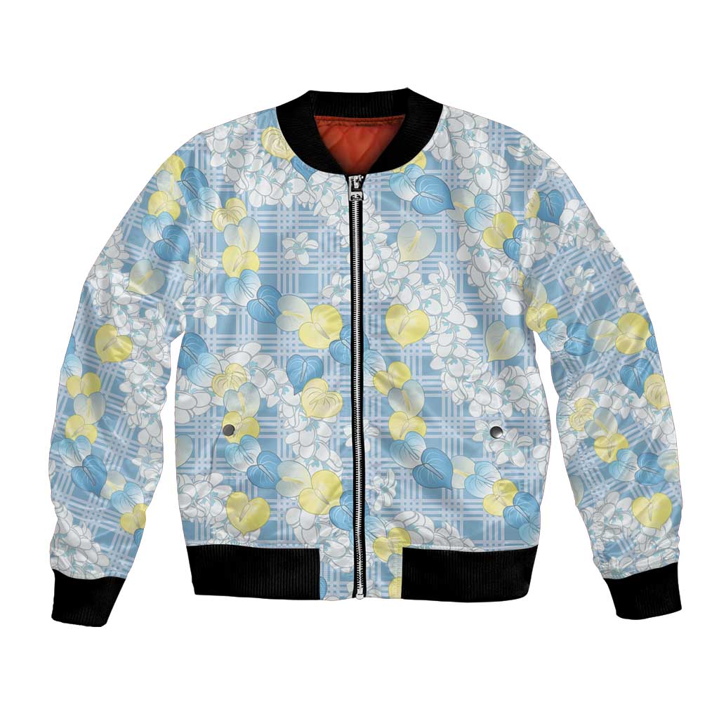 Anthurium Plumeria Lei Pastel Bomber Jacket Blue Hawaiian Splendid Palaka LT01