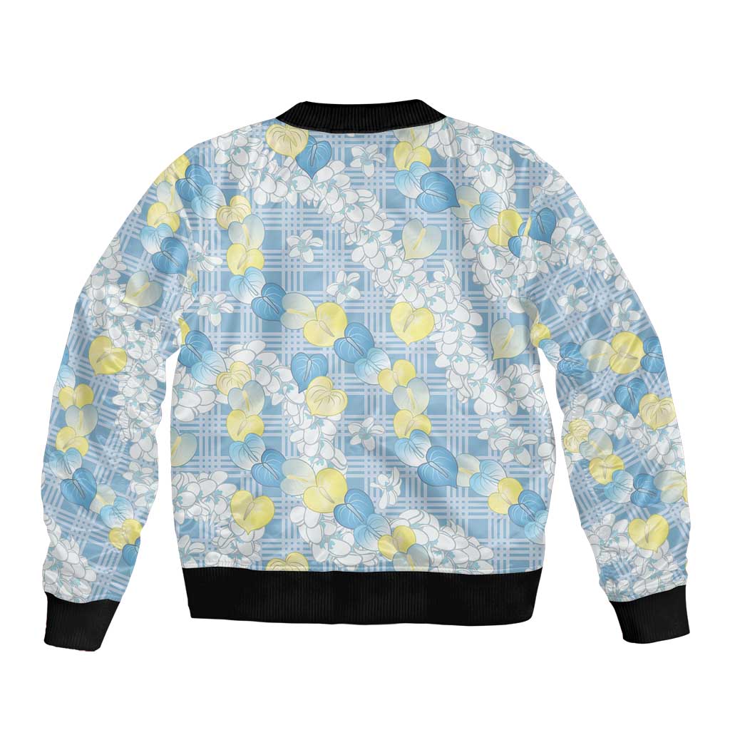 Anthurium Plumeria Lei Pastel Bomber Jacket Blue Hawaiian Splendid Palaka LT01