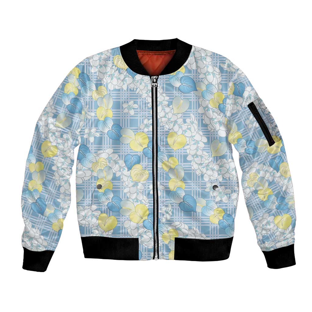 Anthurium Plumeria Lei Pastel Sleeve Zip Bomber Jacket Blue Hawaiian Splendid Palaka LT01