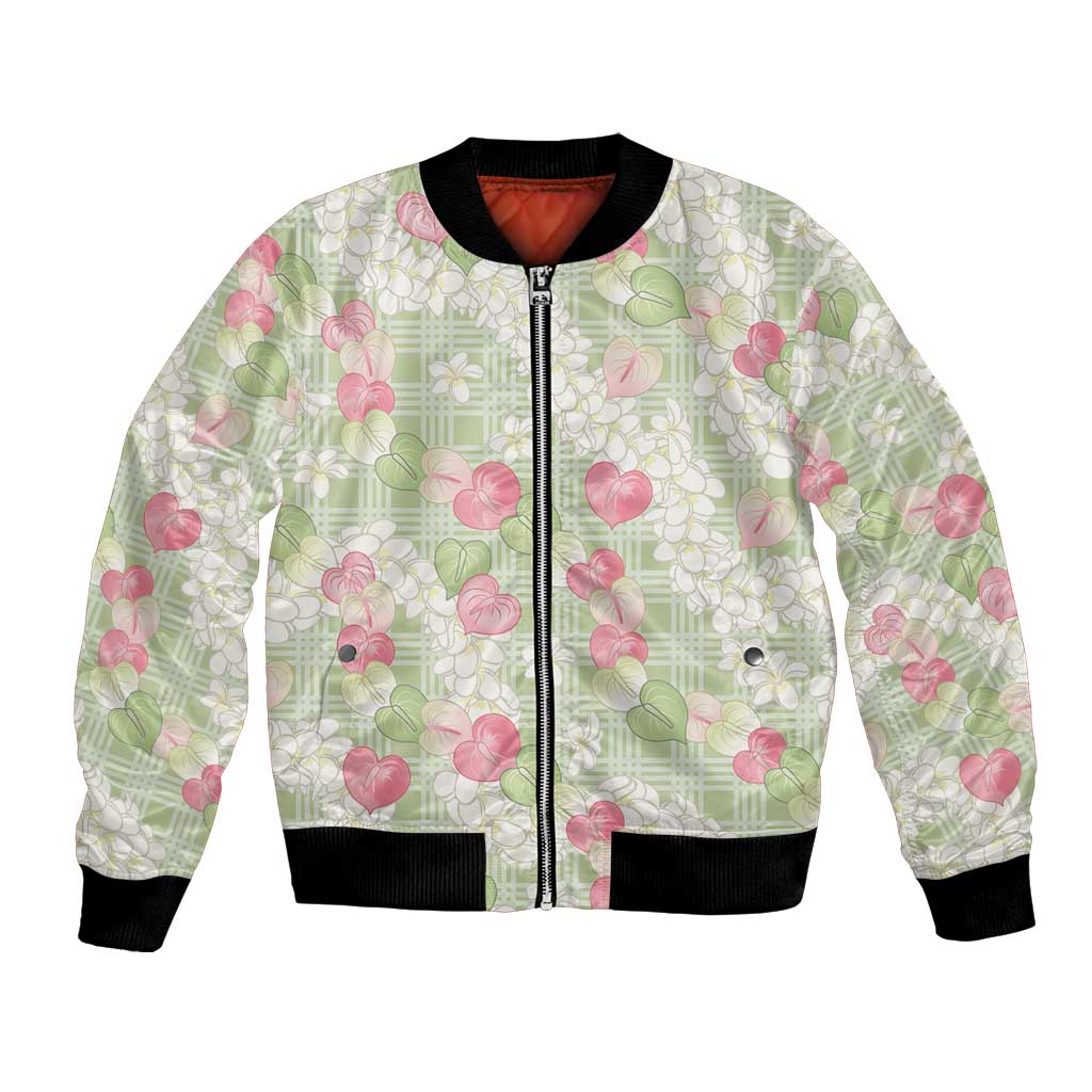 Anthurium Plumeria Lei Pastel Bomber Jacket Green Hawaiian Splendid Palaka LT01