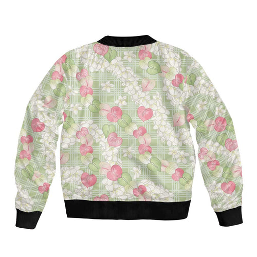 Anthurium Plumeria Lei Pastel Bomber Jacket Green Hawaiian Splendid Palaka LT01