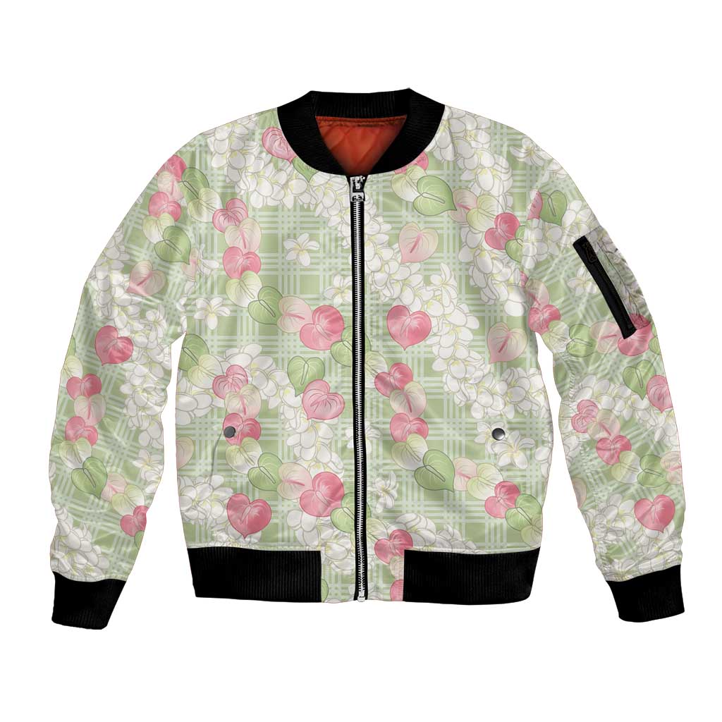 Anthurium Plumeria Lei Pastel Sleeve Zip Bomber Jacket Green Hawaiian Splendid Palaka LT01