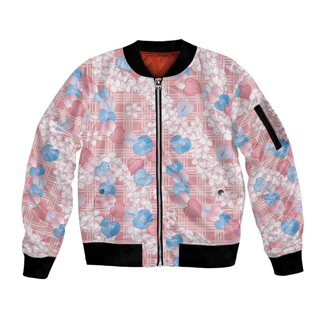 Anthurium Plumeria Lei Pastel Sleeve Zip Bomber Jacket Pink Hawaiian Splendid Palaka LT01