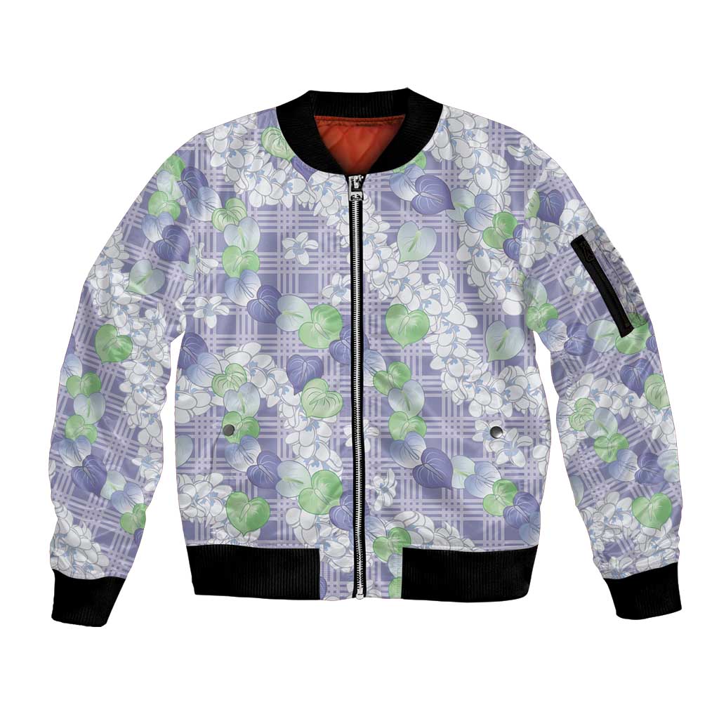 Anthurium Plumeria Lei Pastel Sleeve Zip Bomber Jacket Purple Hawaiian Splendid Palaka LT01