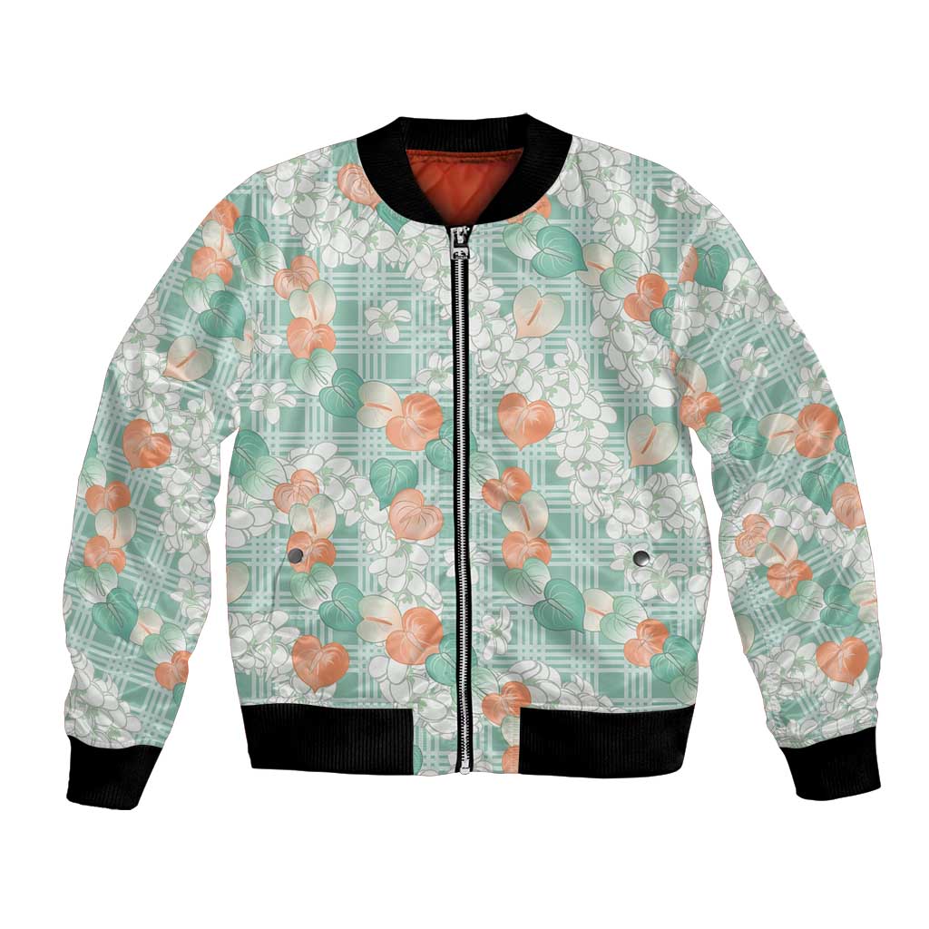 Anthurium Plumeria Lei Pastel Bomber Jacket Teal Hawaiian Splendid Palaka LT01