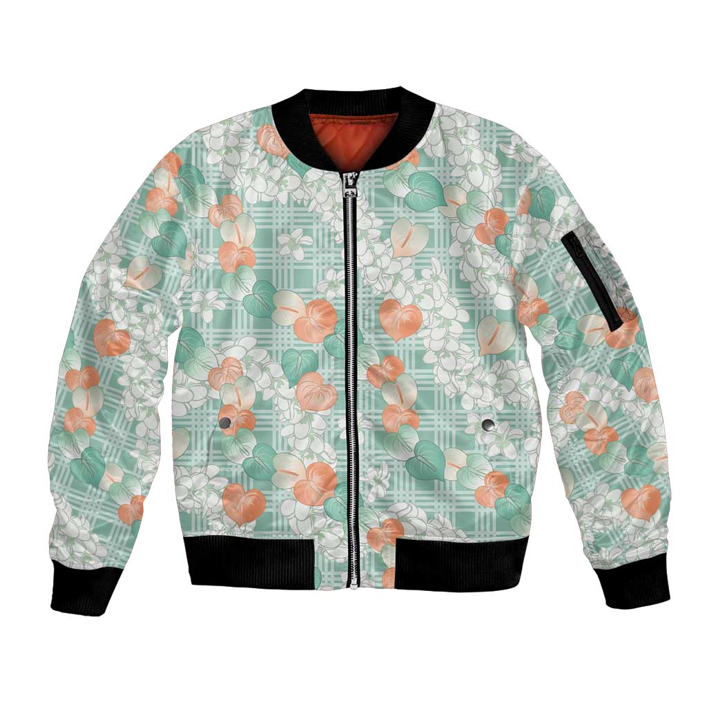 Anthurium Plumeria Lei Pastel Sleeve Zip Bomber Jacket Teal Hawaiian Splendid Palaka LT01