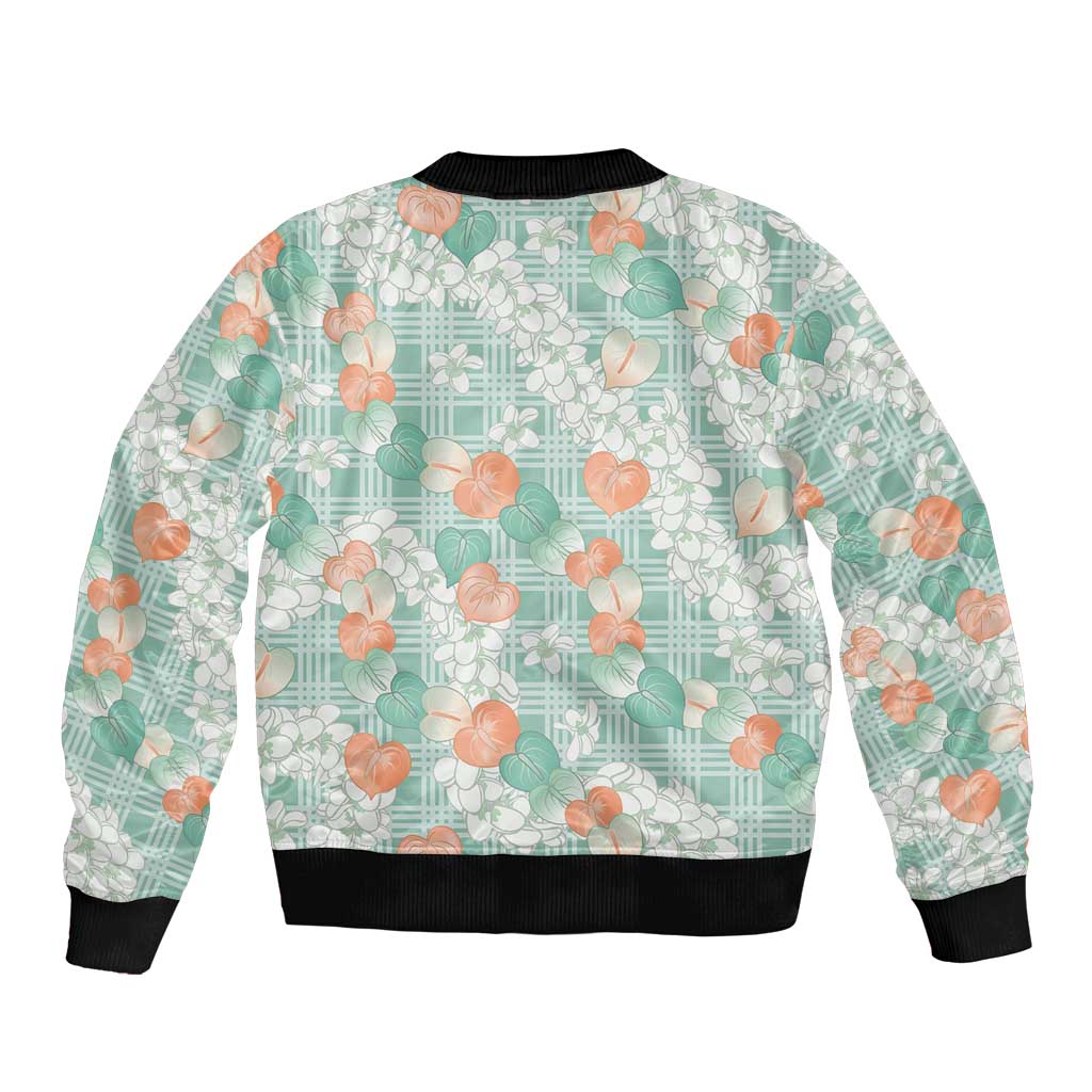Anthurium Plumeria Lei Pastel Sleeve Zip Bomber Jacket Teal Hawaiian Splendid Palaka LT01