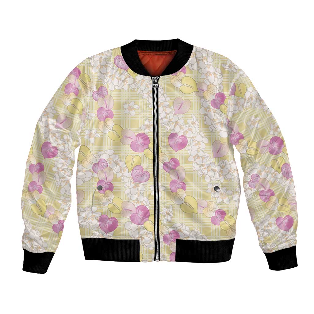 Anthurium Plumeria Lei Pastel Bomber Jacket Yellow Hawaiian Splendid Palaka LT01