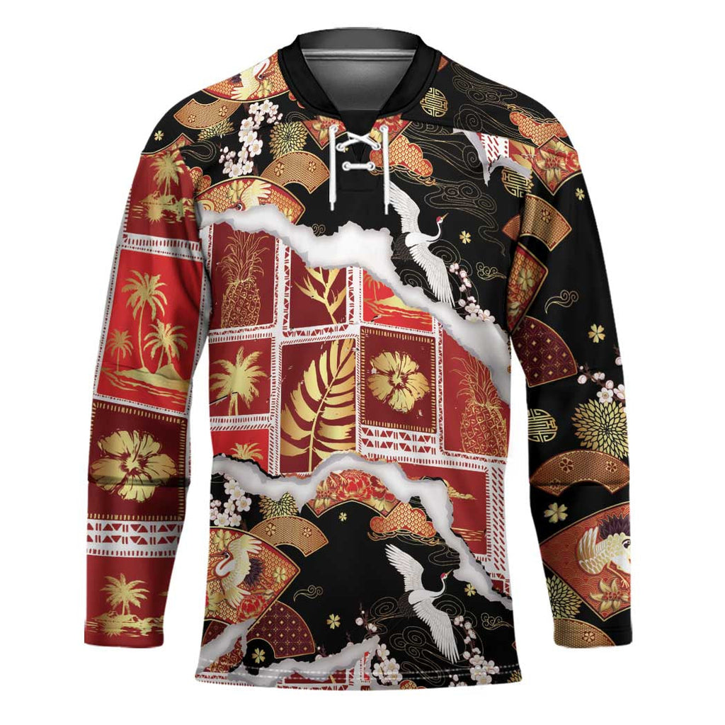 Hawaii Japanese Culture Black Hockey Jersey Spring Cranes Aloha Pattern LT01