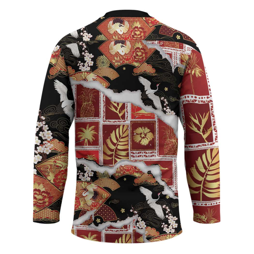 Hawaii Japanese Culture Black Hockey Jersey Spring Cranes Aloha Pattern LT01