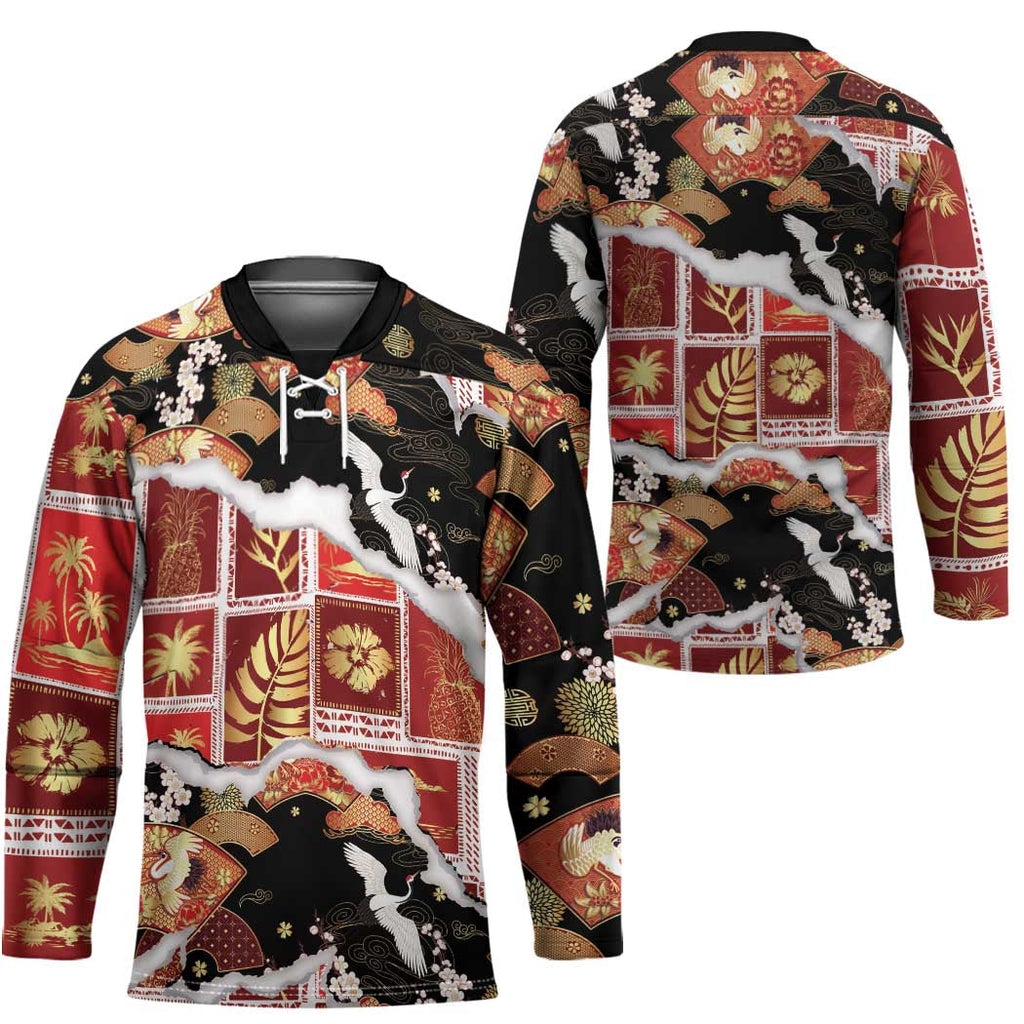 Hawaii Japanese Culture Black Hockey Jersey Spring Cranes Aloha Pattern LT01