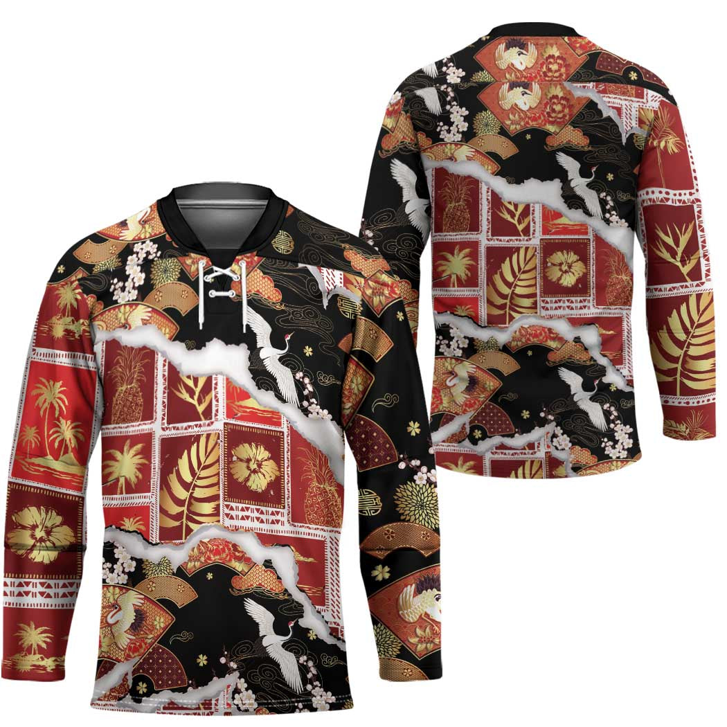 Hawaii Japanese Culture Black Hockey Jersey Spring Cranes Aloha Pattern LT01