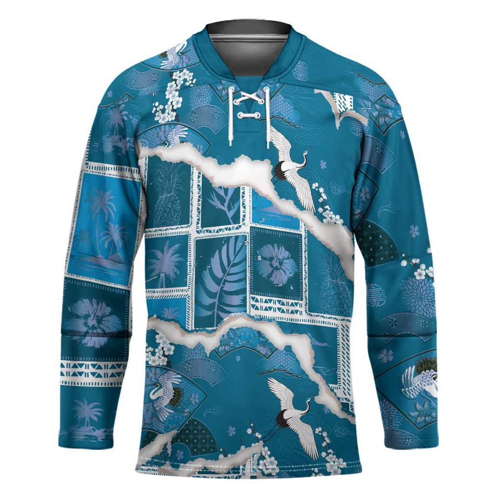 Hawaii Japanese Culture Blue Hockey Jersey Spring Cranes Aloha Pattern LT01
